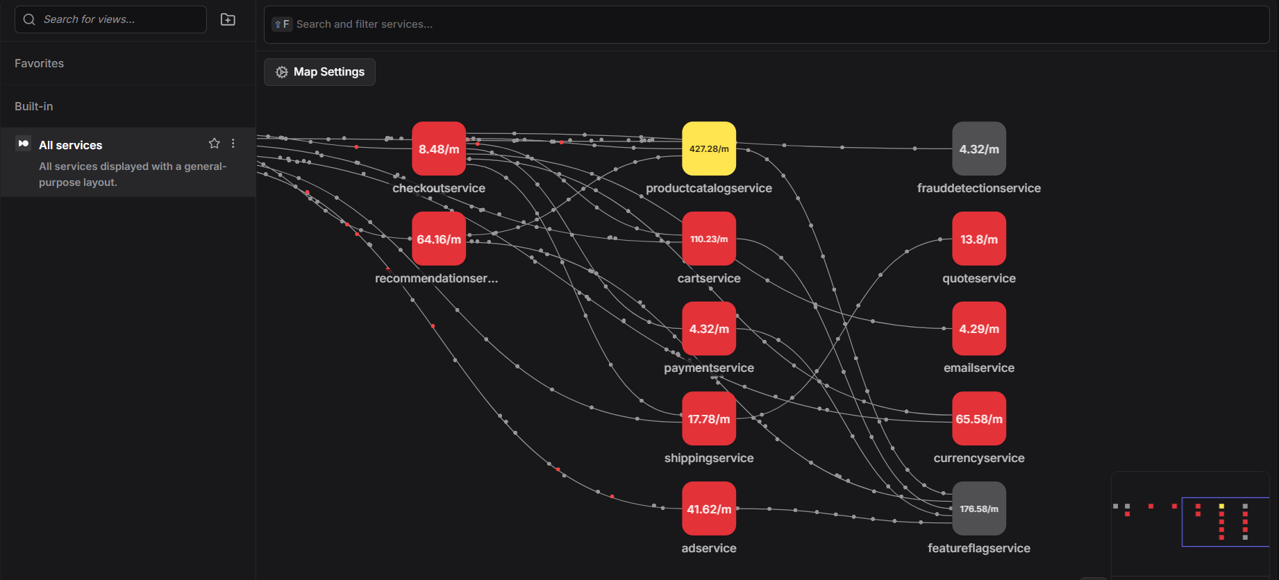 Dash0 service map showing request flow and dependencies across OpenTelemetry-instrumented services