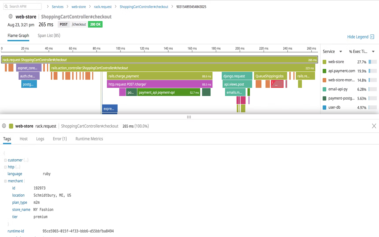 Datadog APM trace view showing a flame graph and span details.