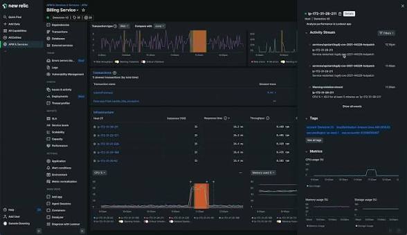 New Relic APM summary page showing response time, throughput, and error rate for a service.