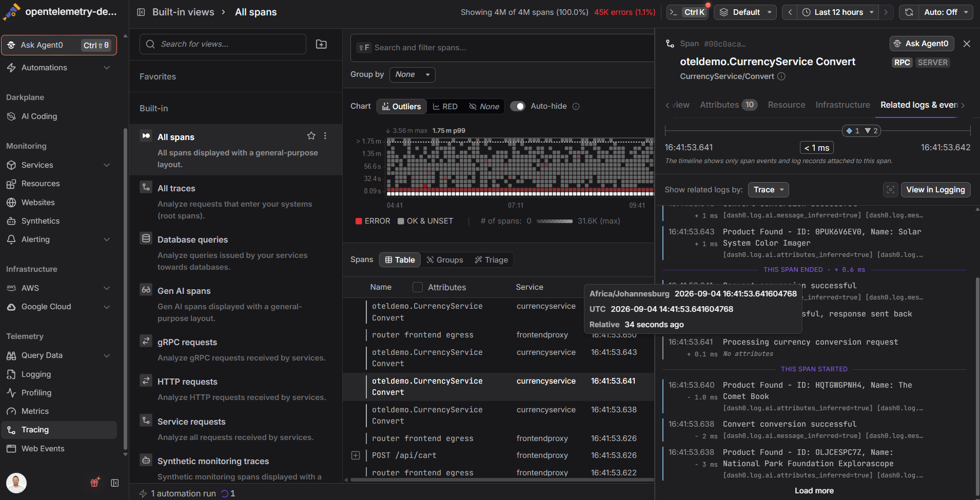 Dash0 tracing view correlating an OpenTelemetry span with related logs and events