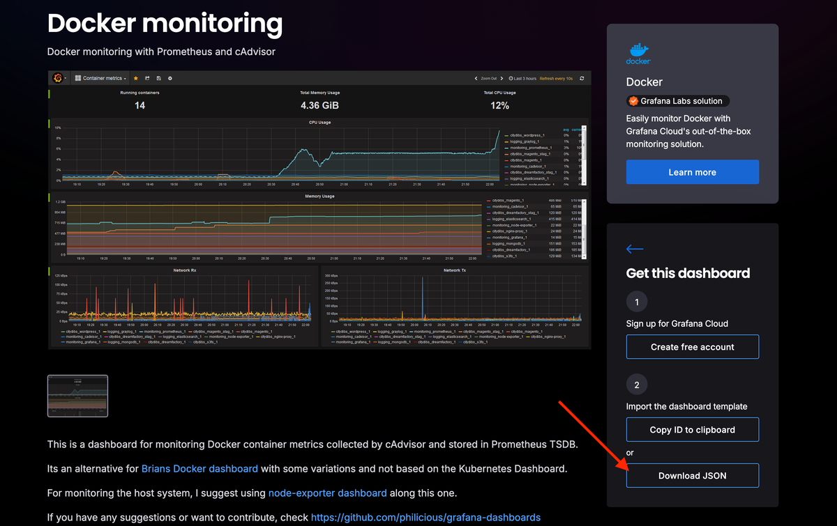 Download a Dashboard JSON file in Grafana