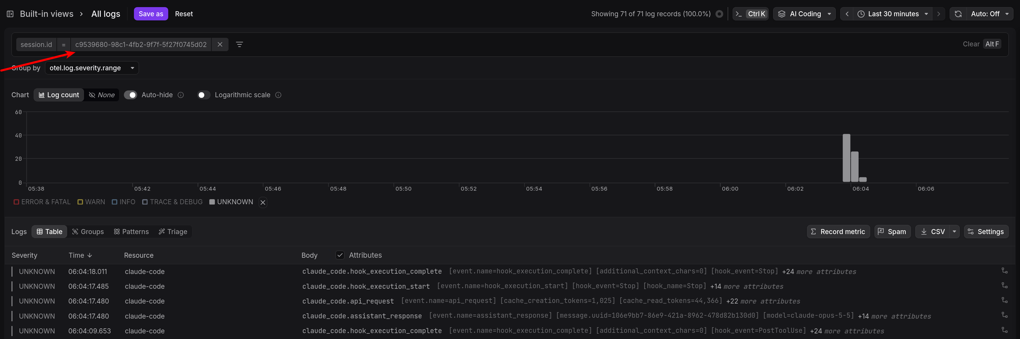Filtering Clade Code logs in Dash0