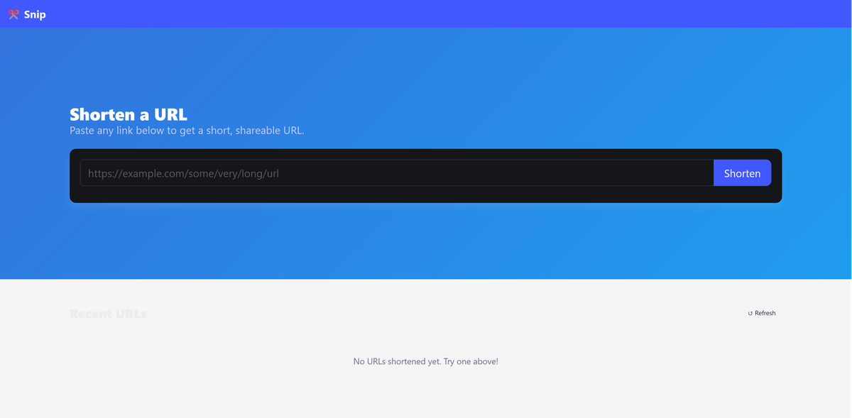 Snip UI with the URL input form and empty recent URLs table