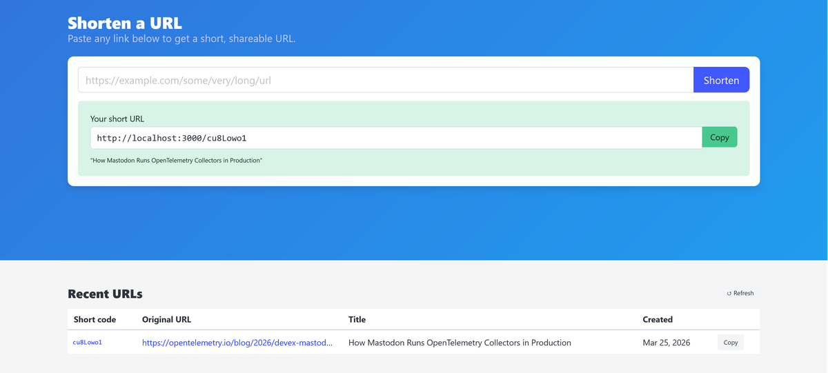 Snip UI after shortening a URL, showing the short URL and title