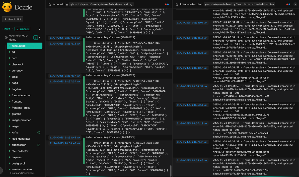 Dozzle being used to monitor Docker Compose services
