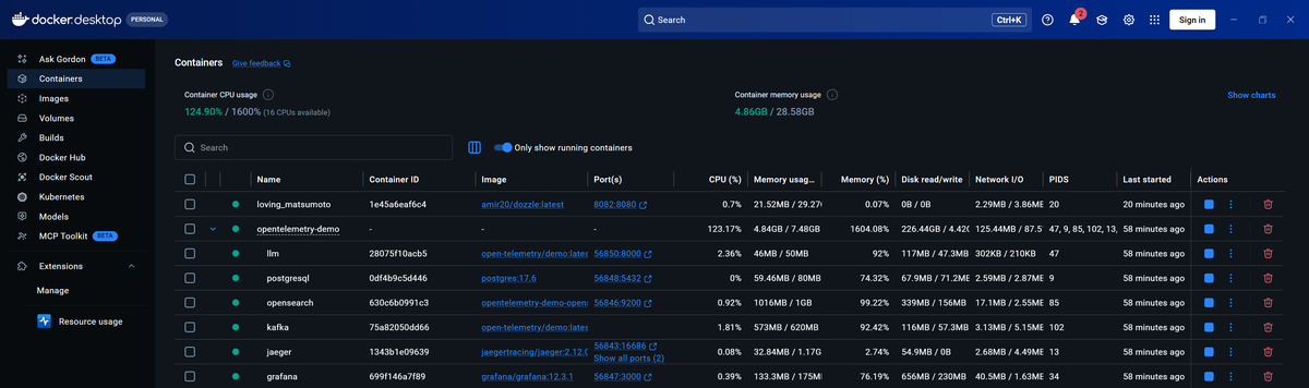 Docker desktop showing docker container stats
