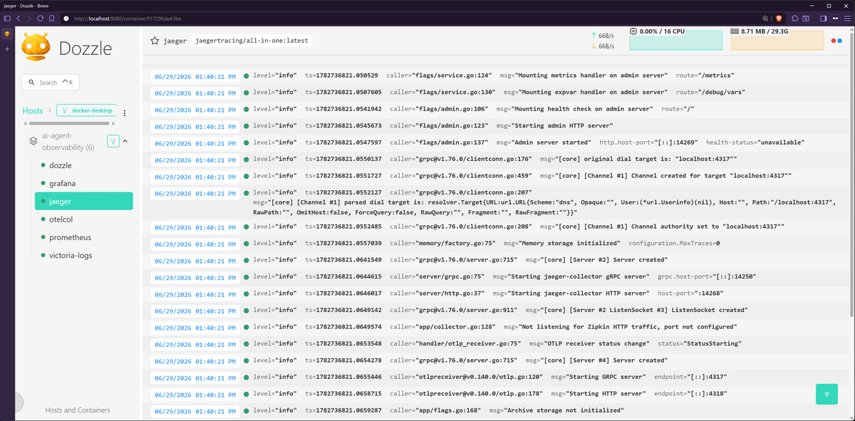 Dozzle showing container logs