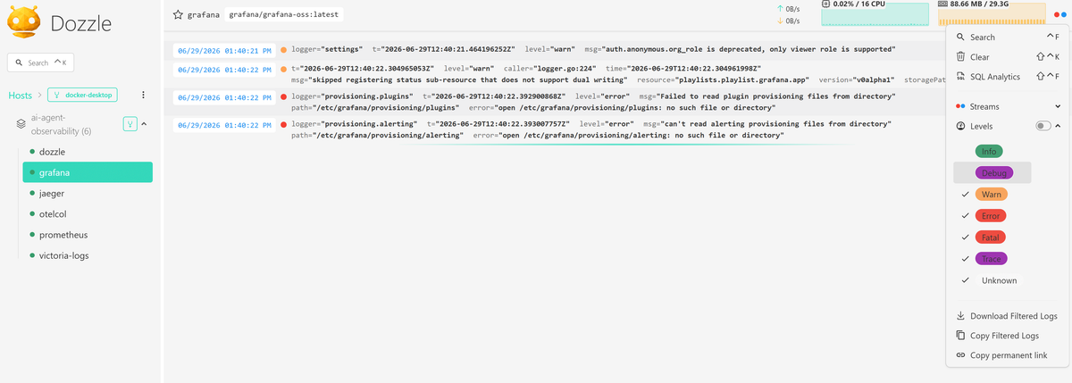 Dozzle lets you tweak log levels