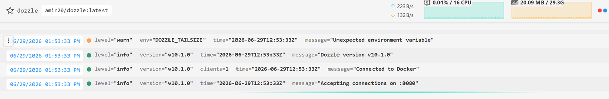 Dozzle shows lightweight CPU, memory and network charts