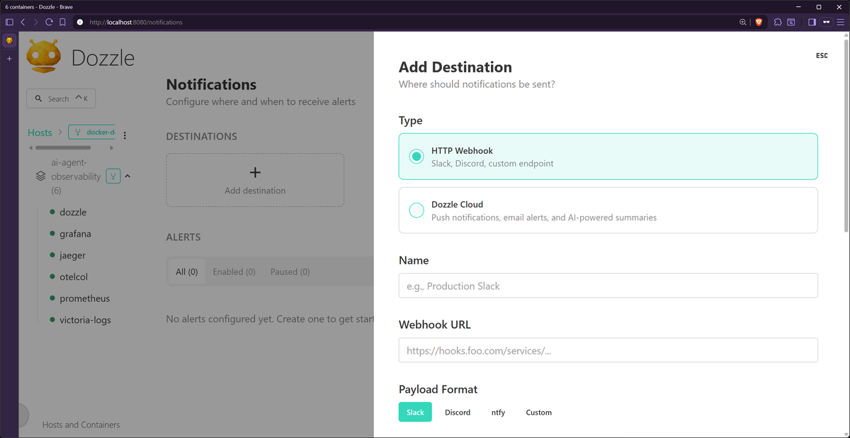 Dozzle notification destination