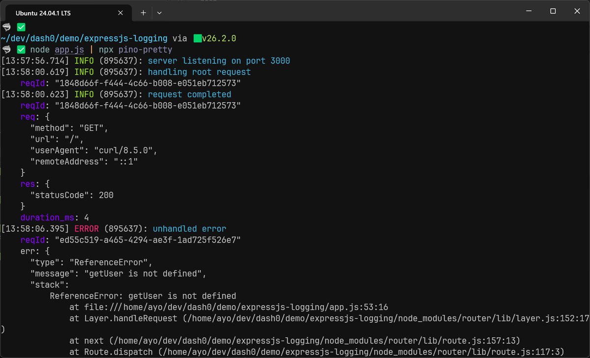 Using Pino pretty for readable logs in development