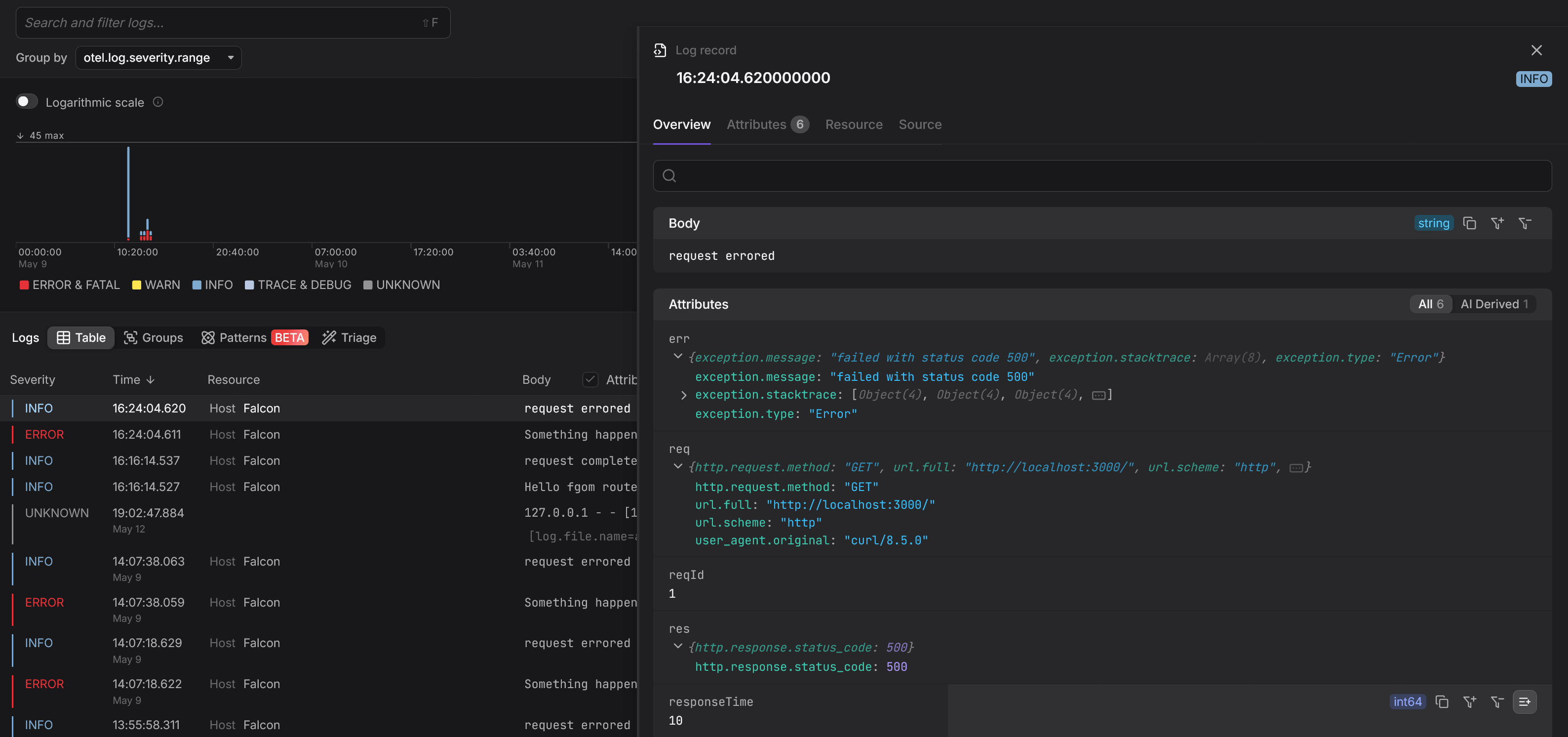 Dash0 interface showing Pino logs