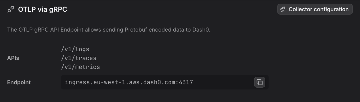 Exporting data to Dash0 over gRPC