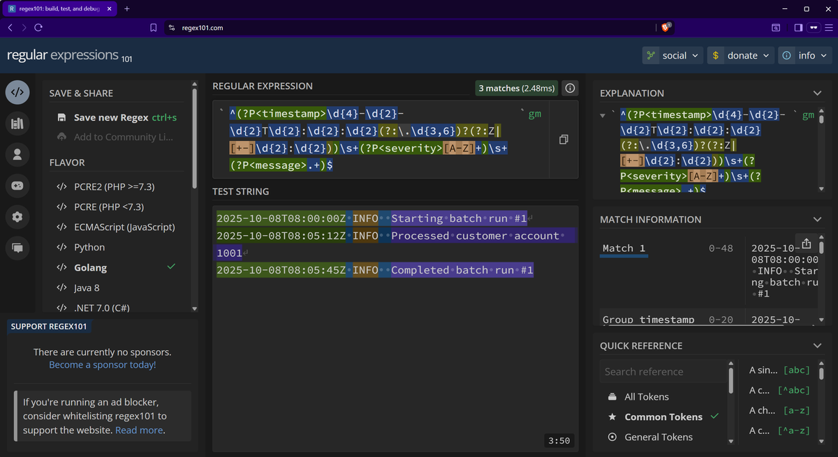 Regex101 being used to test OpenTelemetry Collector regular expression in Golang flavor