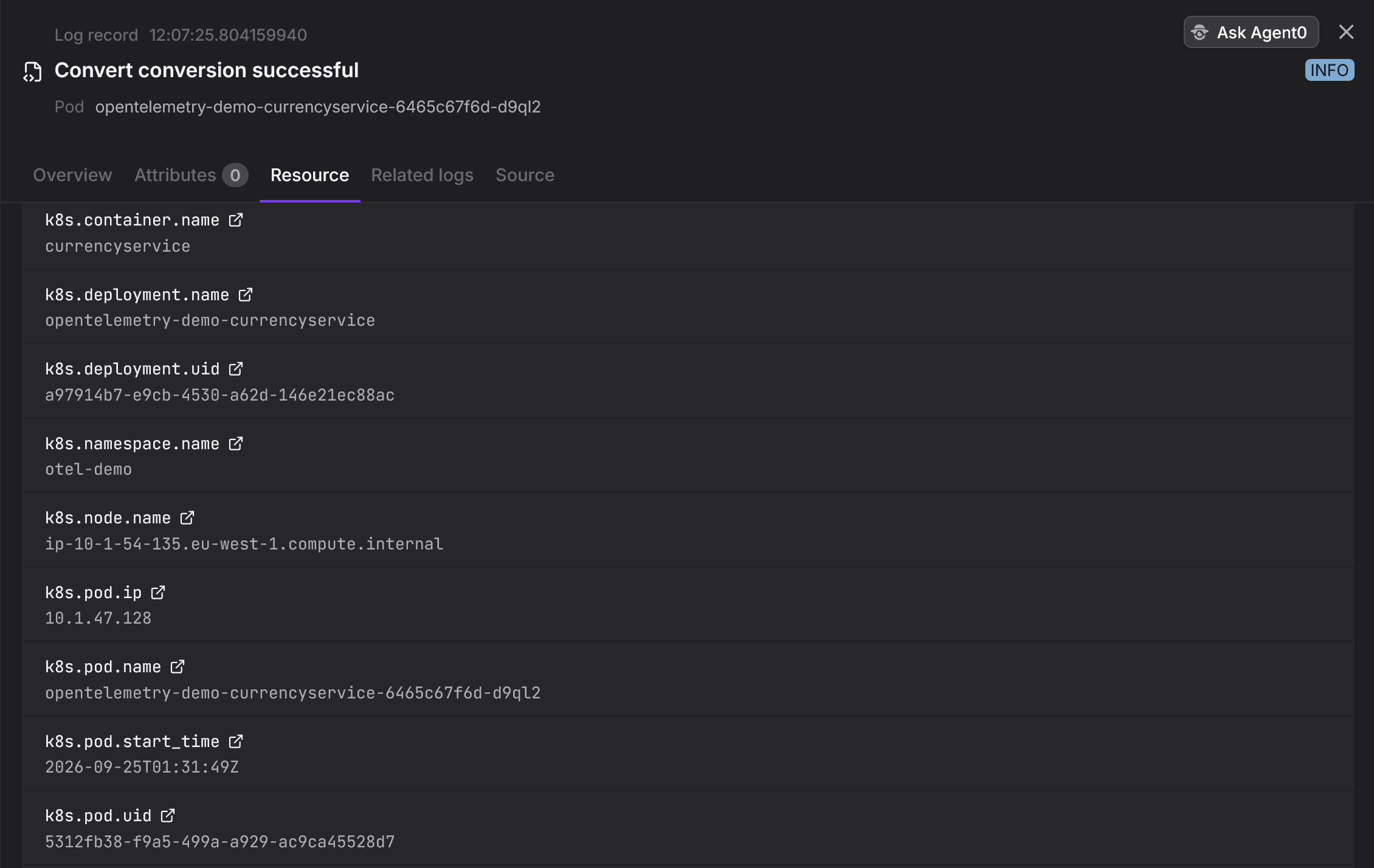 A cross-section of Kubernetes metadata on an OpenTelemetry Log