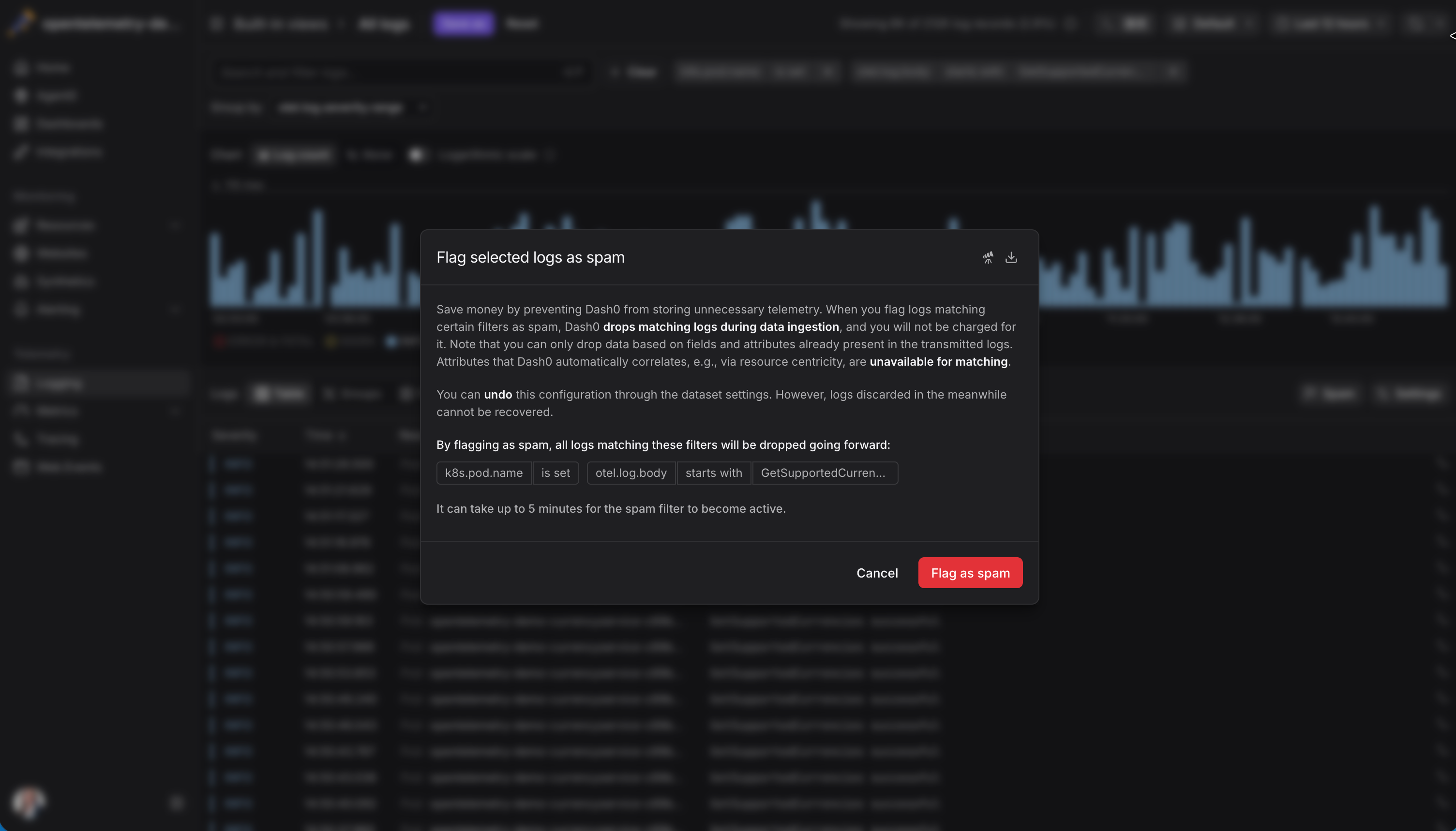 Flagging logs as spam in Dash0
