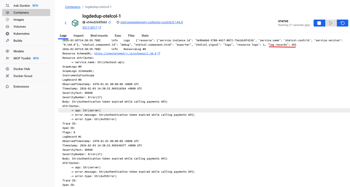 Docker desktop showing OpenTelemetry Collector logs