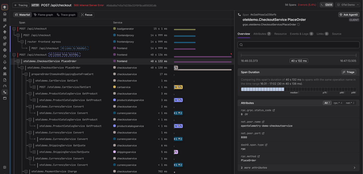 Dash0 interface showing traces