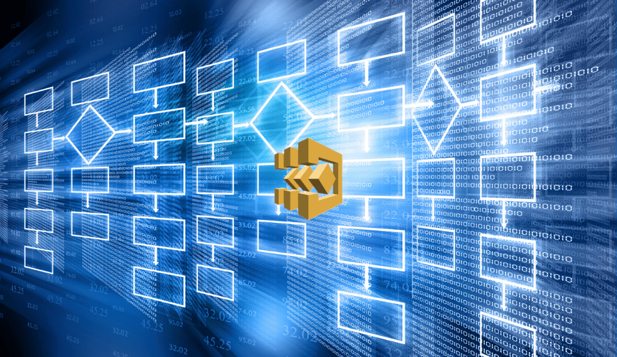 Example of a visual flow chart with the AWS Step Functions logo