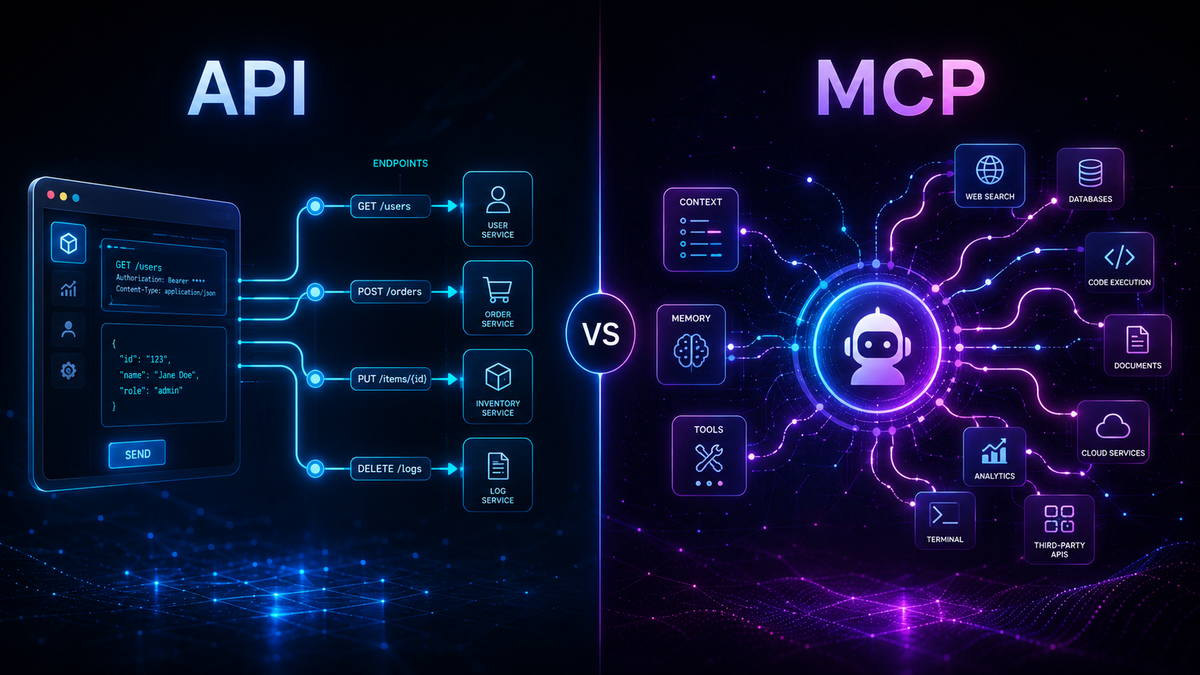 API connects application code to predefined services, while MCP connects an AI agent to tools, data stores, APIs, and cloud services.