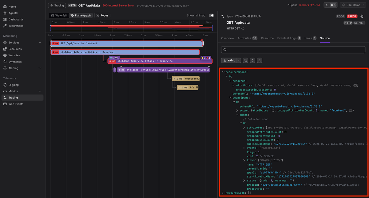 Product screenshot of Dash0 showing OTLP Trace format