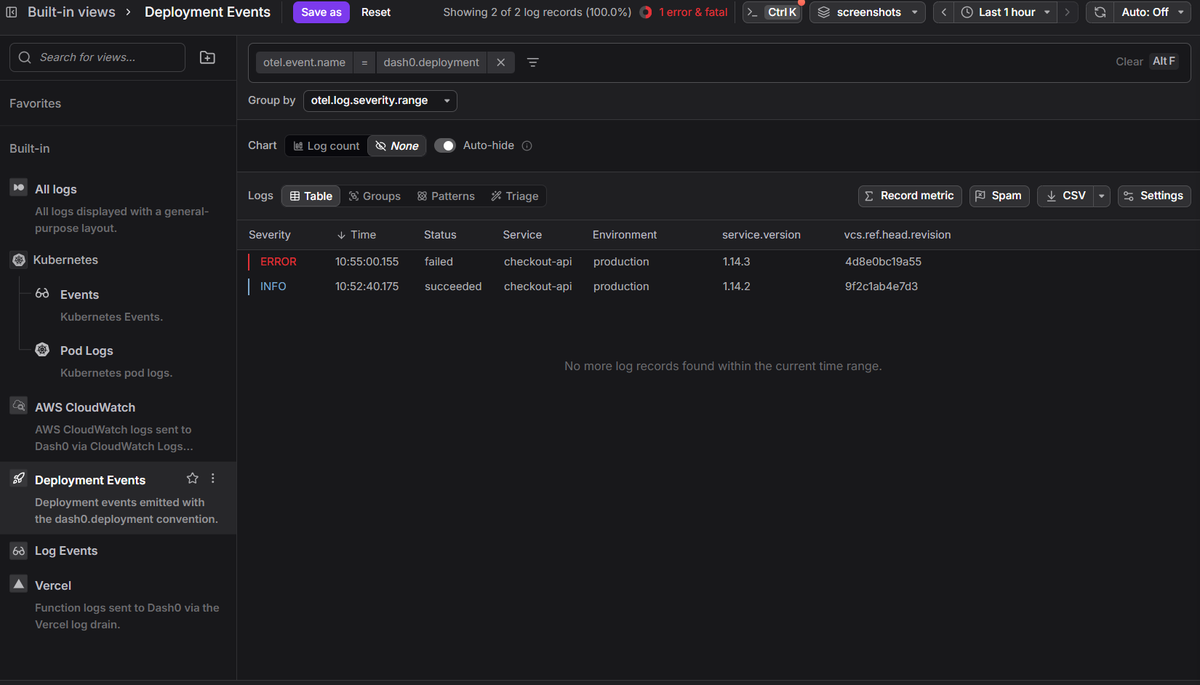 Deployment event logs with severity filters and an empty state indicating no more records in the selected time range.