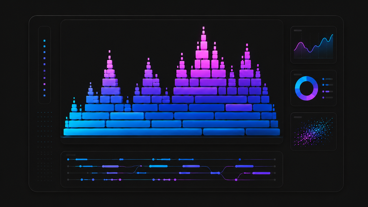 Analytics dashboard with a flame graph-style stacked profile, line and donut charts, a scatter plot, and timeline controls.