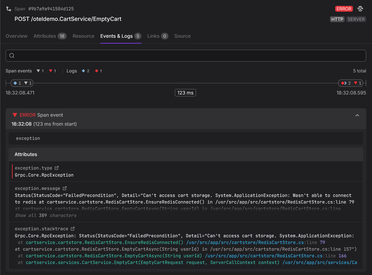 An OpenTelemetry error span showing events and logs Dash0