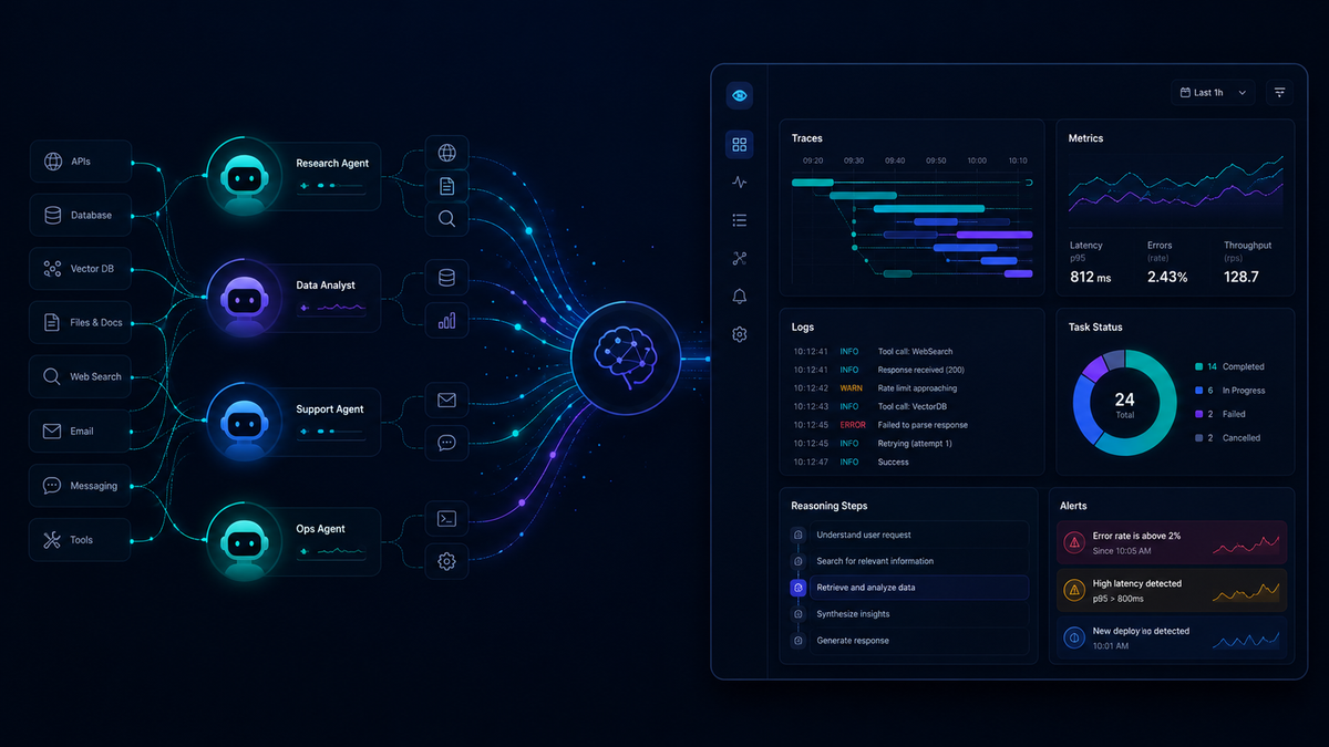 Applications and users send telemetry to a central observability hub connected to dashboards, logs, charts, and alerts.