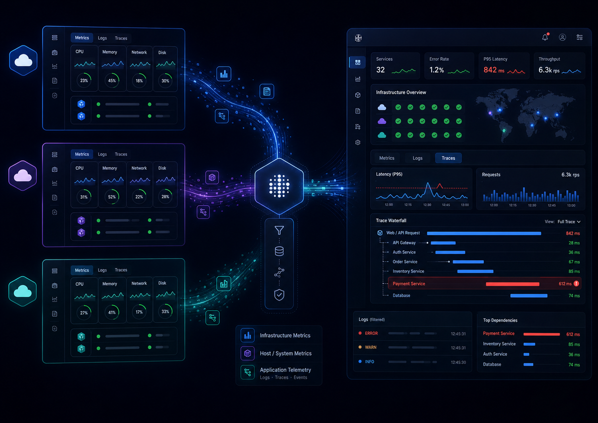Cloud infrastructure dashboards connected through a central network hub to maps, charts, tables, and alerts.