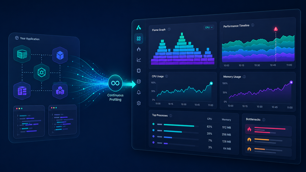 Services feed a continuous profiling hub connected to flame graphs, performance timelines, CPU and memory charts, and process data.