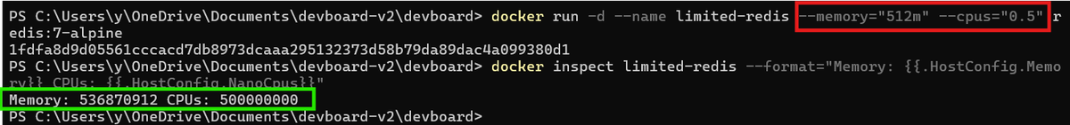 PowerShell output showing a container memory limit error followed by successful status output.