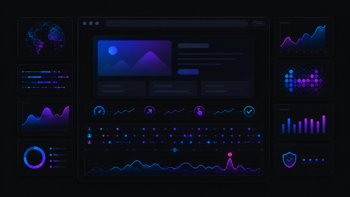 Frontend analytics dashboard with a webpage preview, world map, trend charts, and user experience metrics.