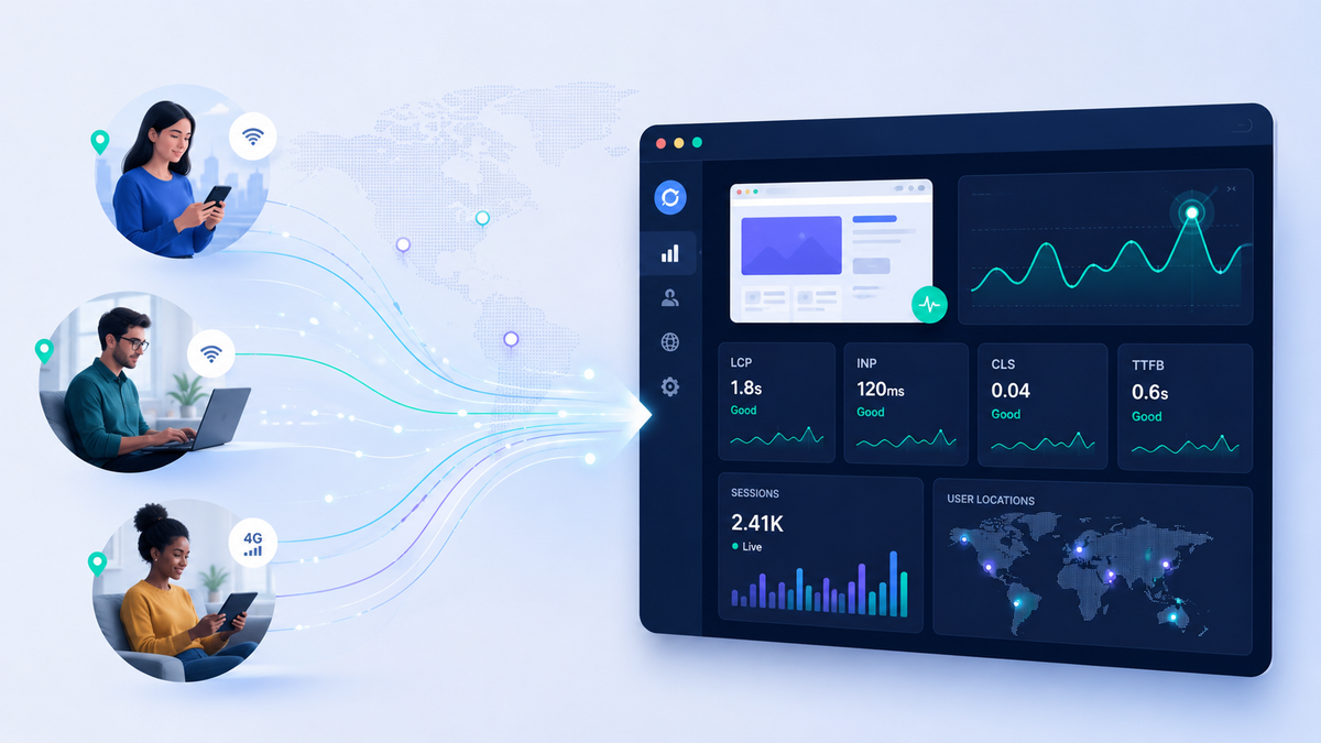 Real users send connected data streams to a monitoring dashboard with performance metrics, charts, and a world map.