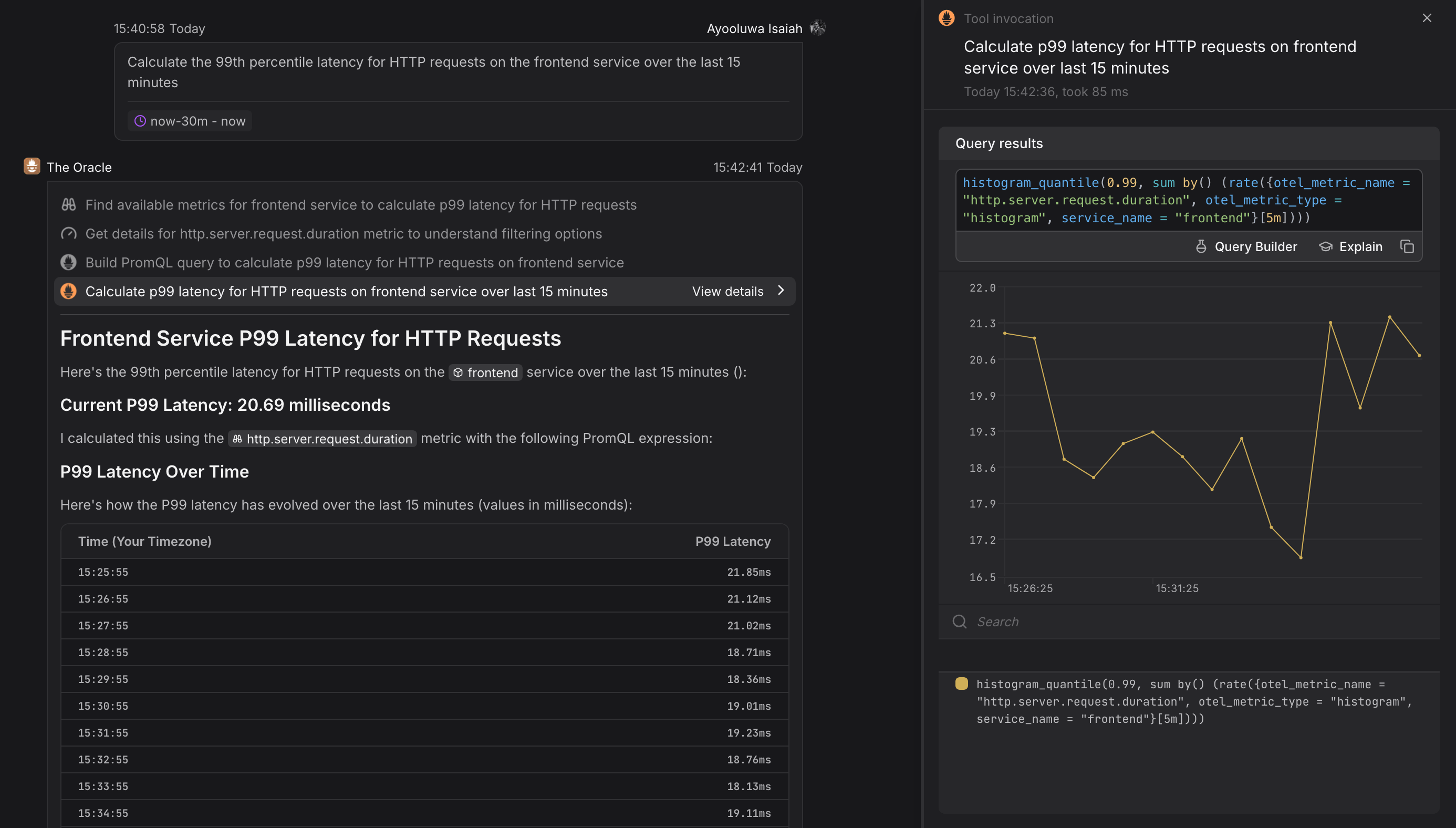 Agent0’s The Oracle can generate and execute PromQL queries for you
