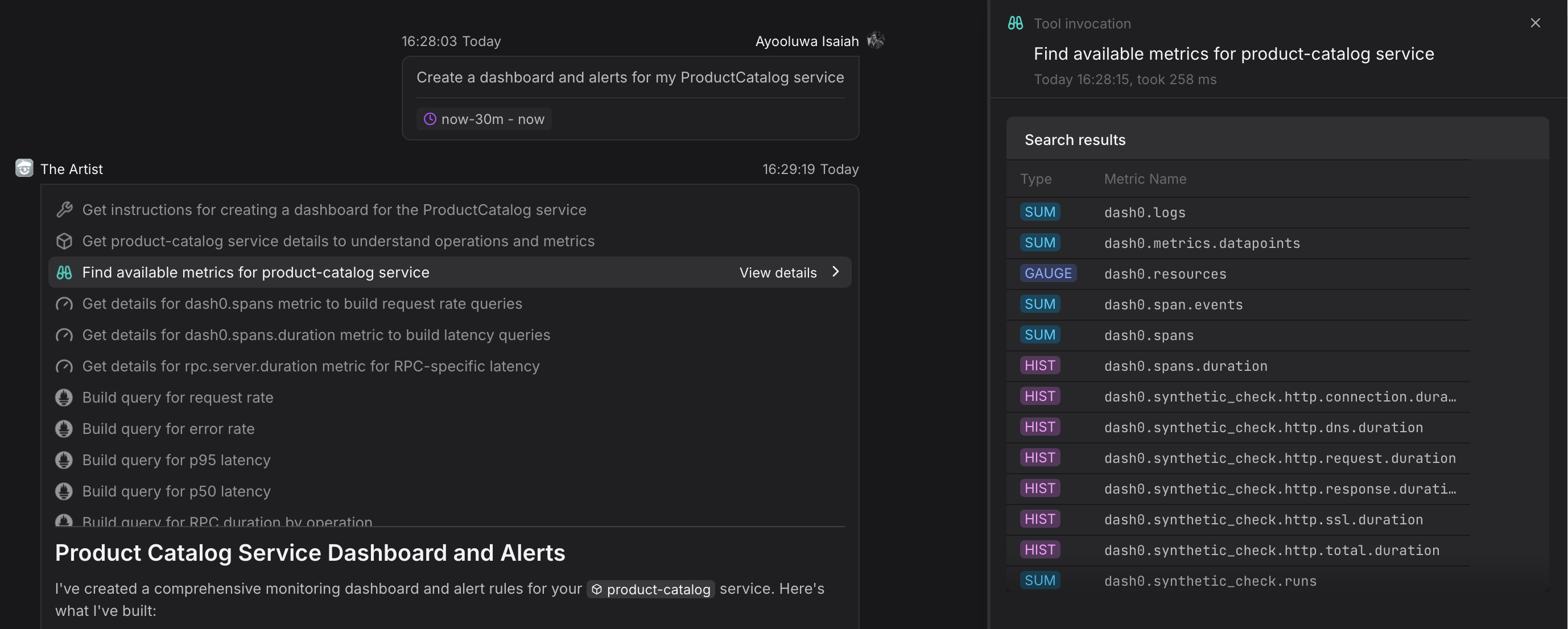 Agent0’s The Artist can create dashboards and alerts for you