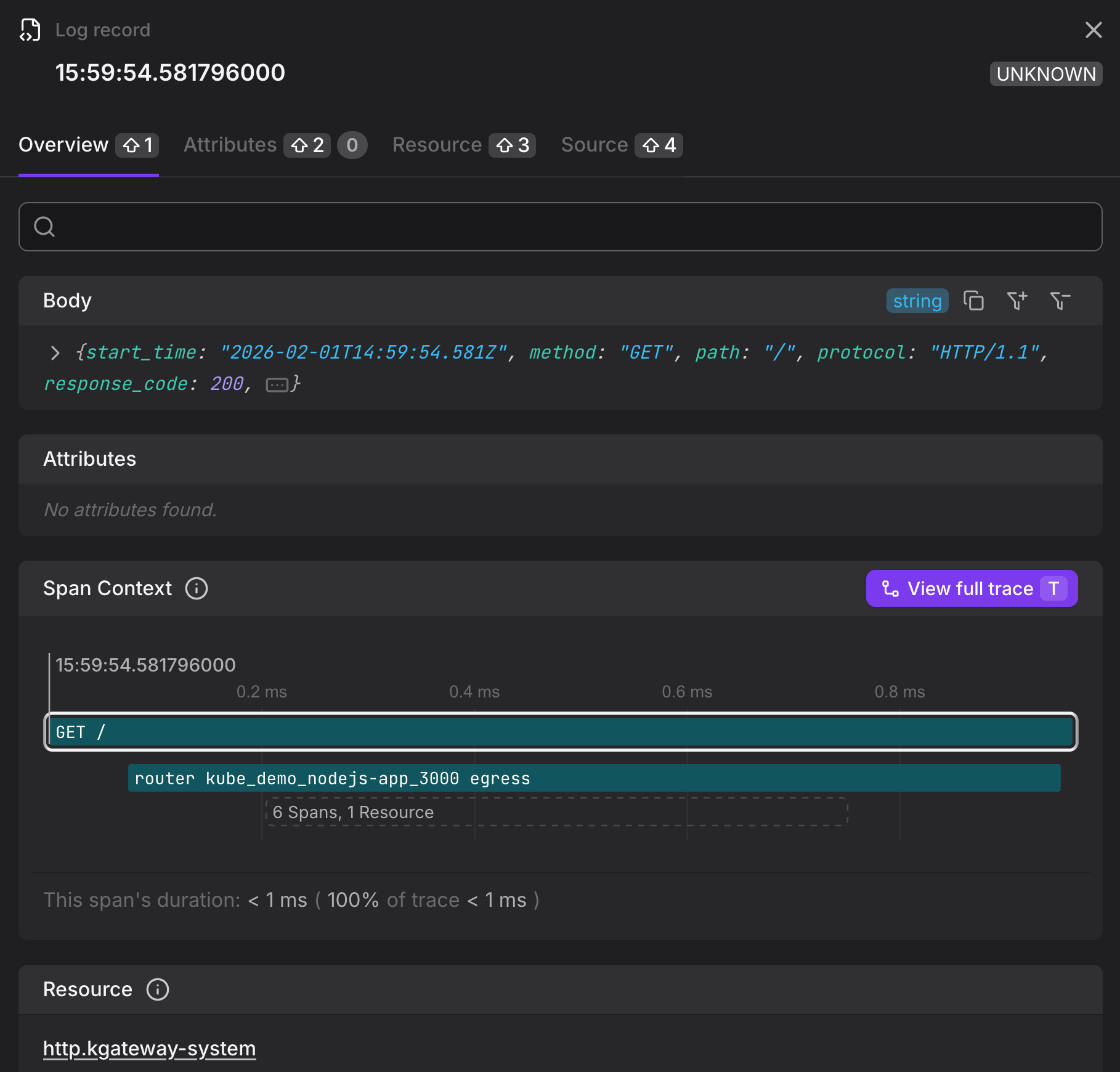 Dash0 UI showing navigation from a log record to the related spans
