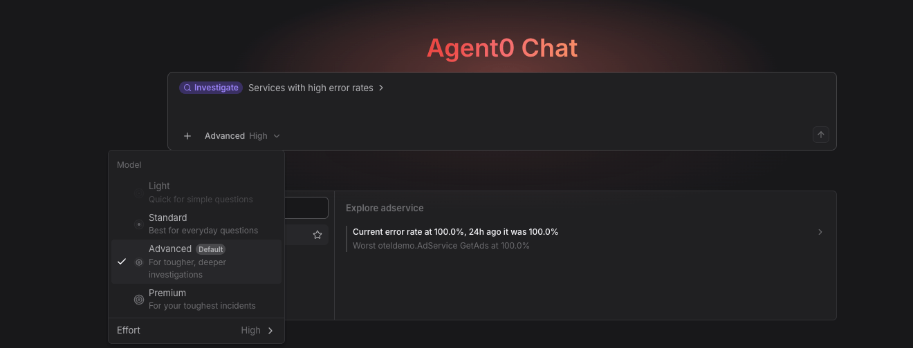 Agent0 Chat prompt toolbar with the model picker open, listing Light, Standard, Advanced marked as default, and Premium, with effort set to High