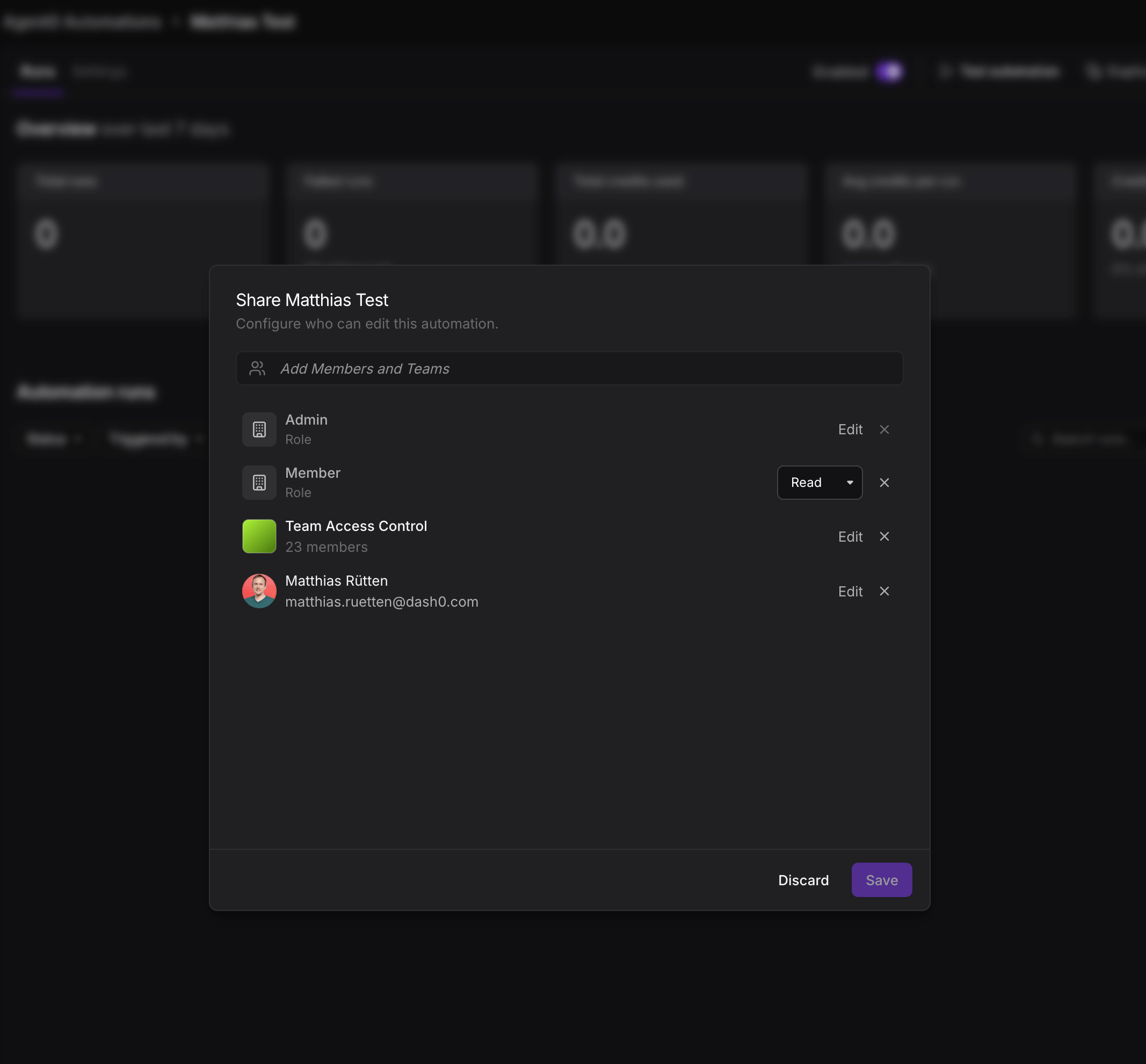 Share dialog of an automation