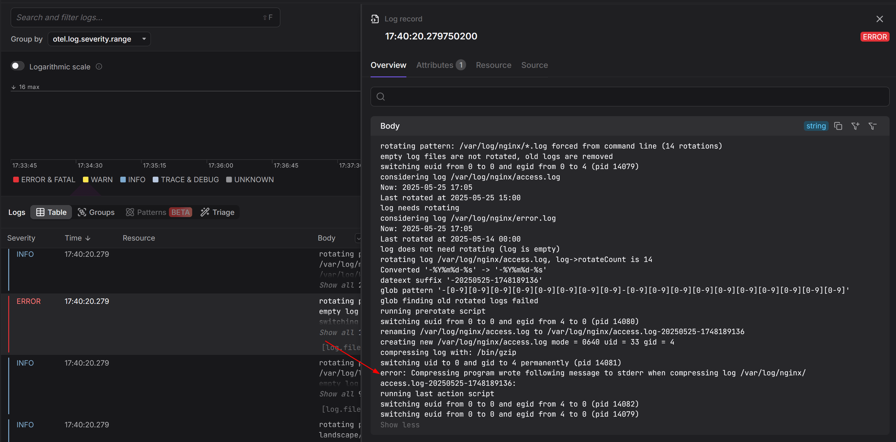 Dash0 showing Logrotate logs