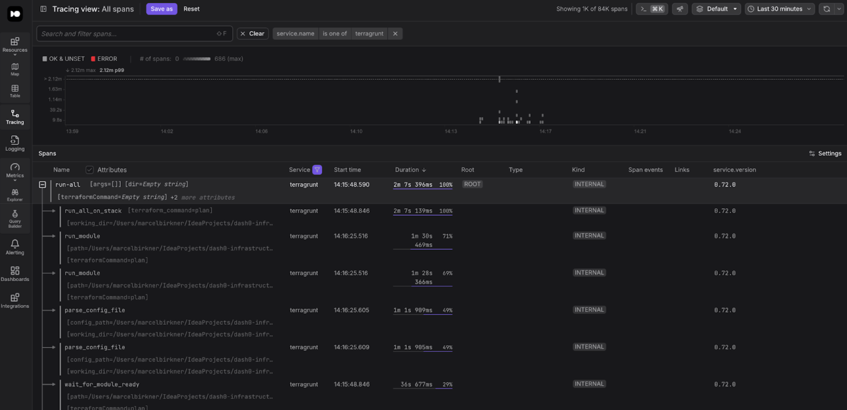 Span overview showing all Terragrunt spans in the current timeframe