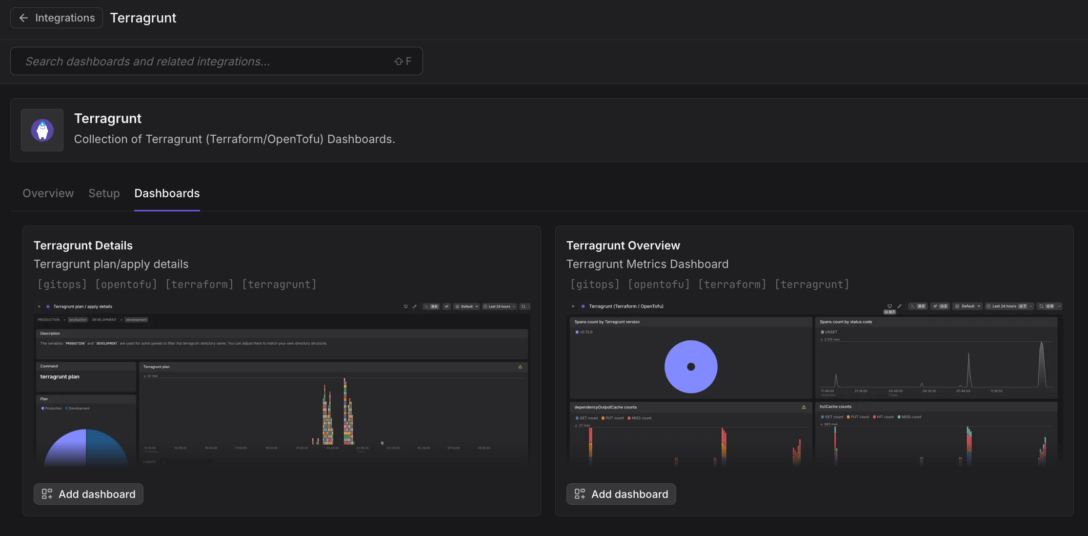 Screenshot of two Terragrunt dashboards from integrations hub