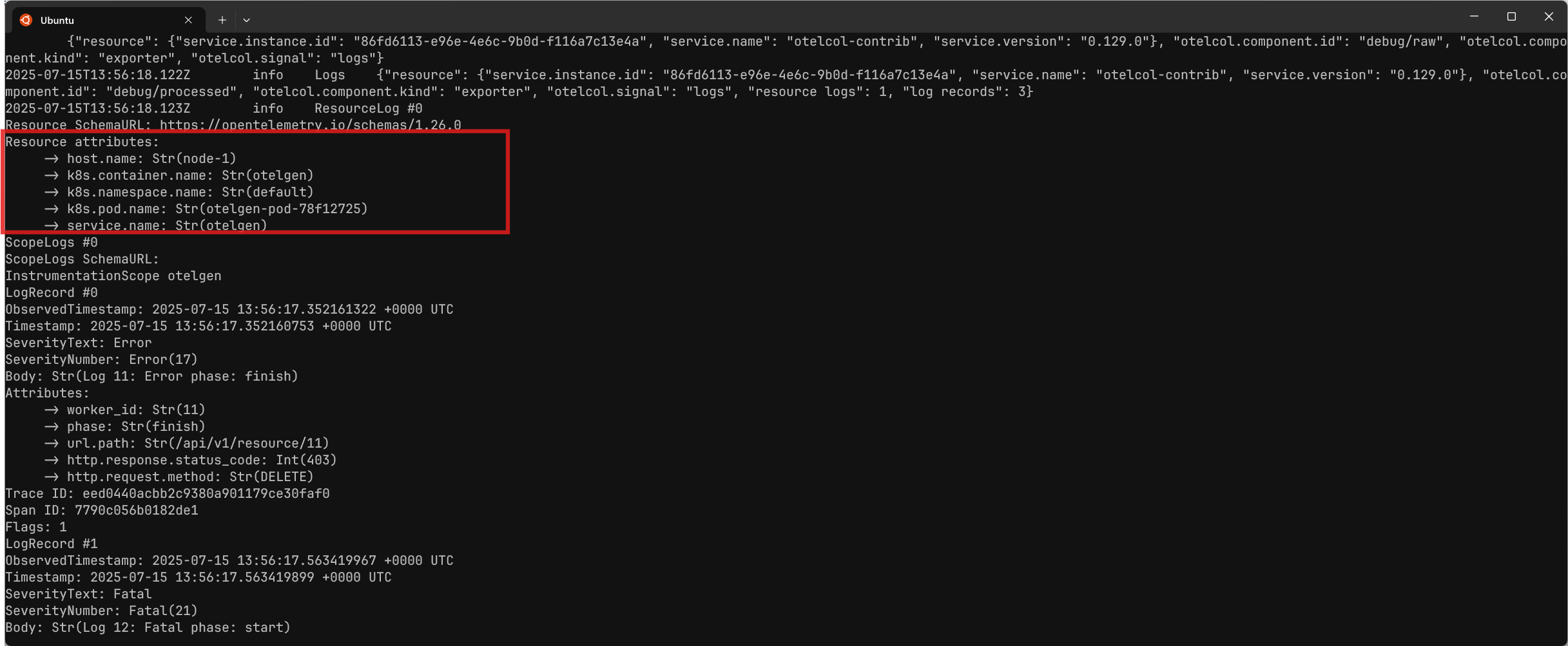 Resource attributes in the debug exporter