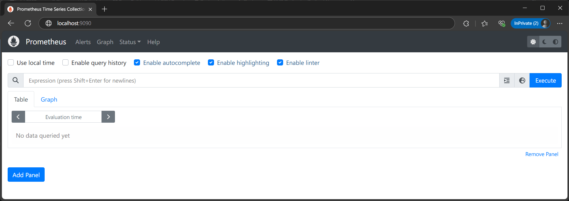 Prometheus web interface at http://localhost:9090