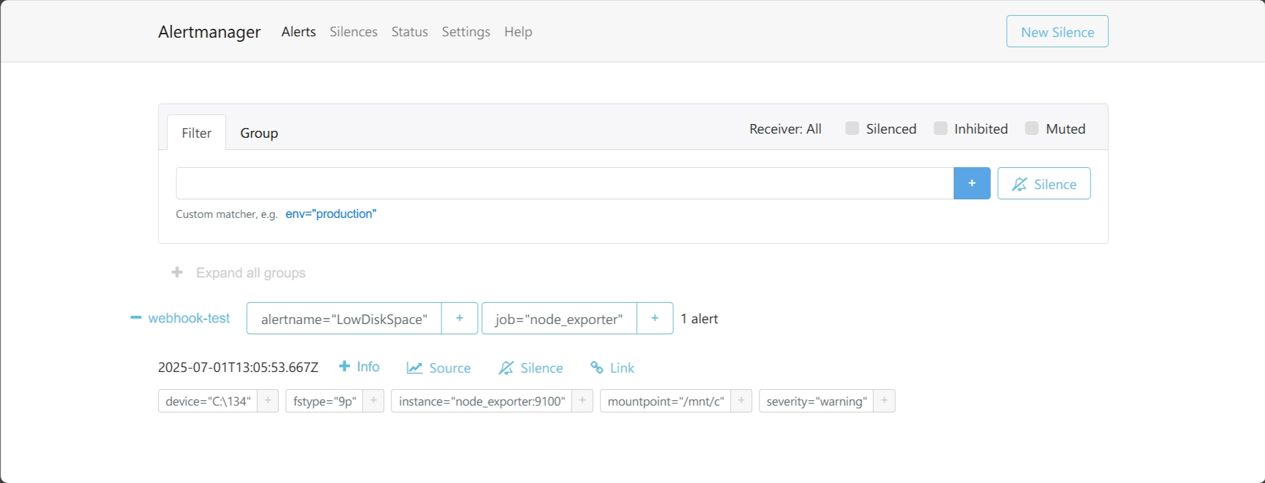 Webhook.site shows Prometheus alert from Alertmanager