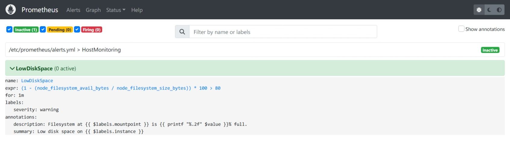 LowDiskSpace alert is green