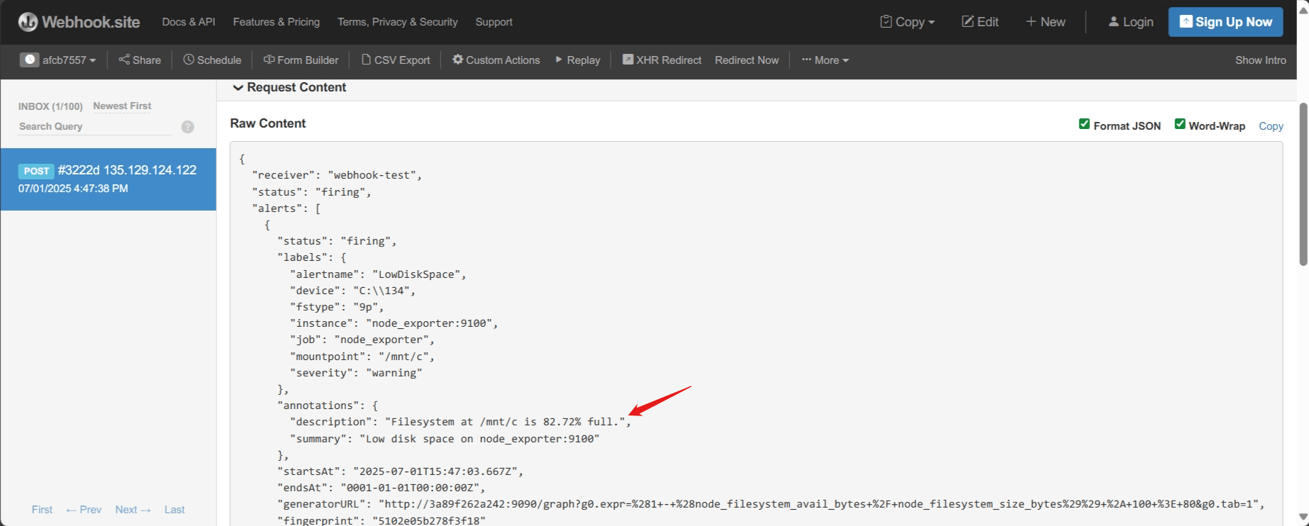 Alertmanager showing alert