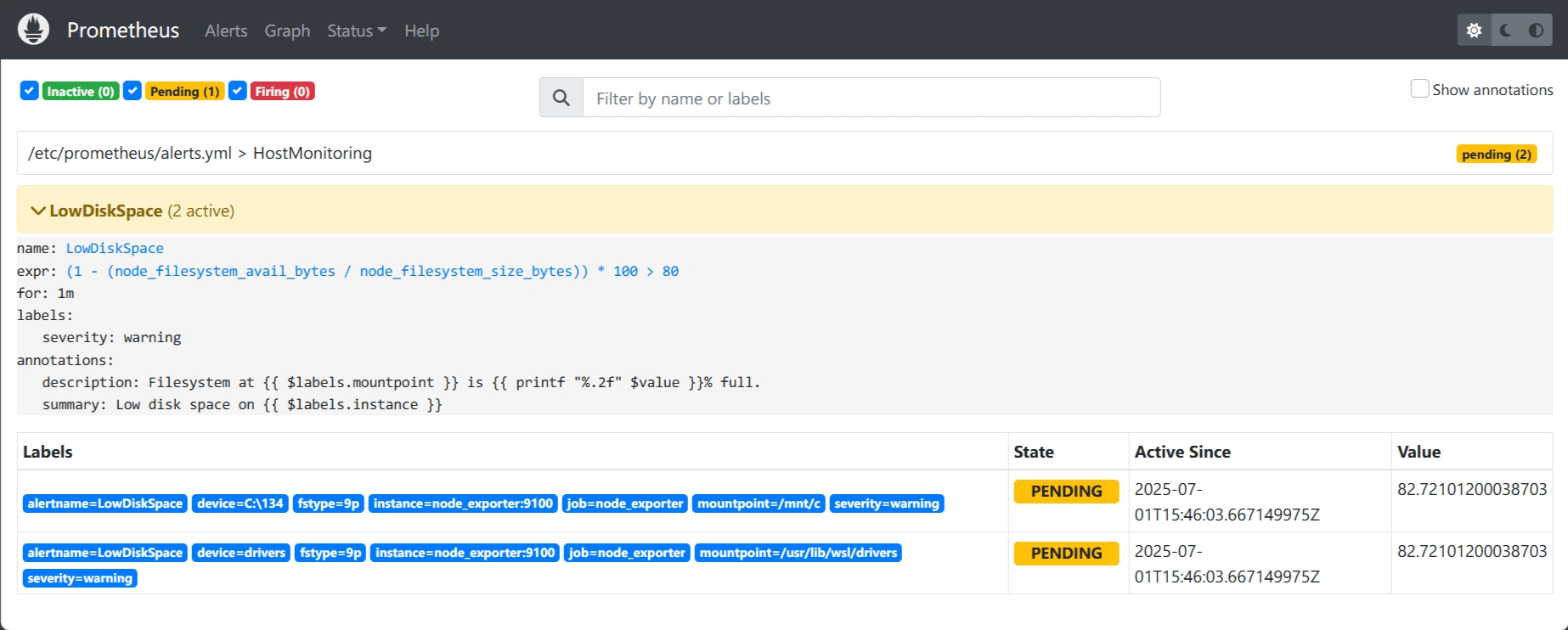 Prometheus alert is pending