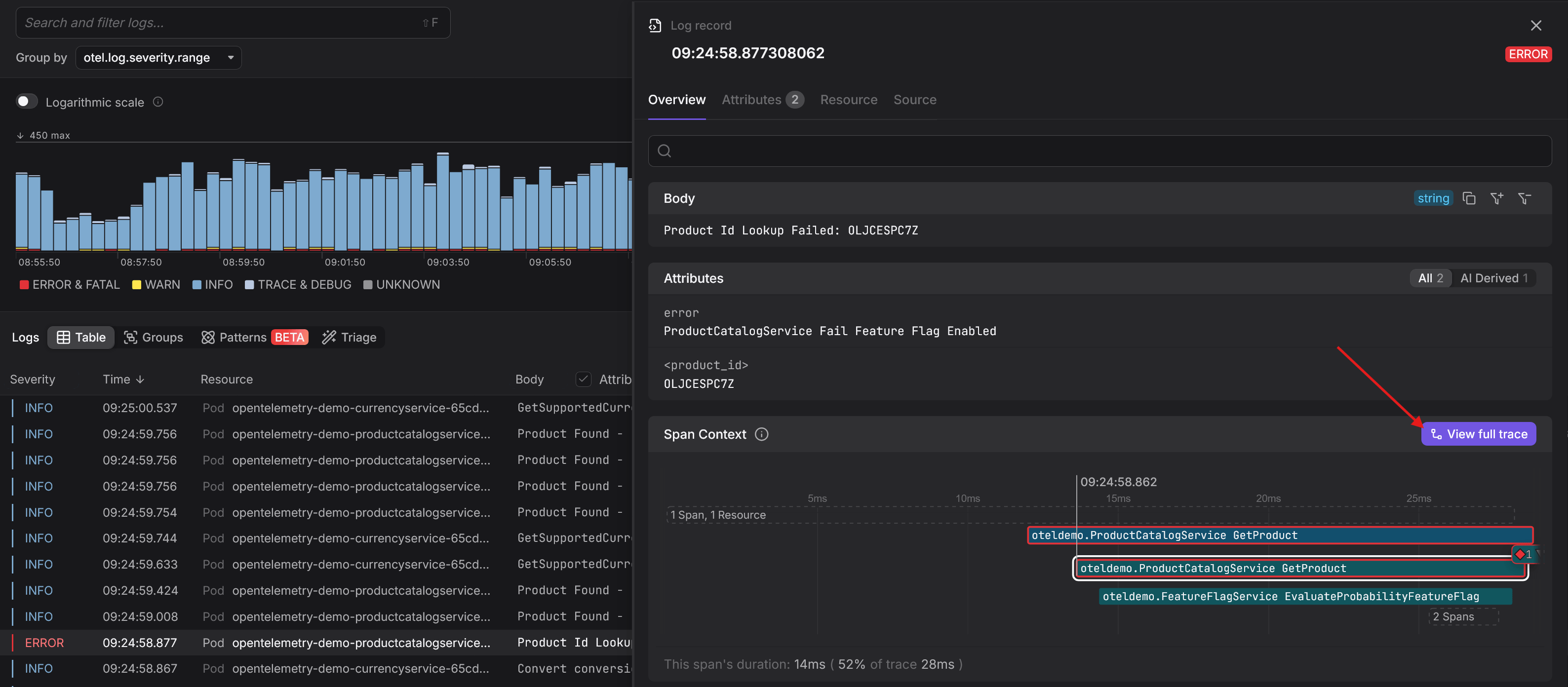 Jumping from logs to traces in Dash0 interface