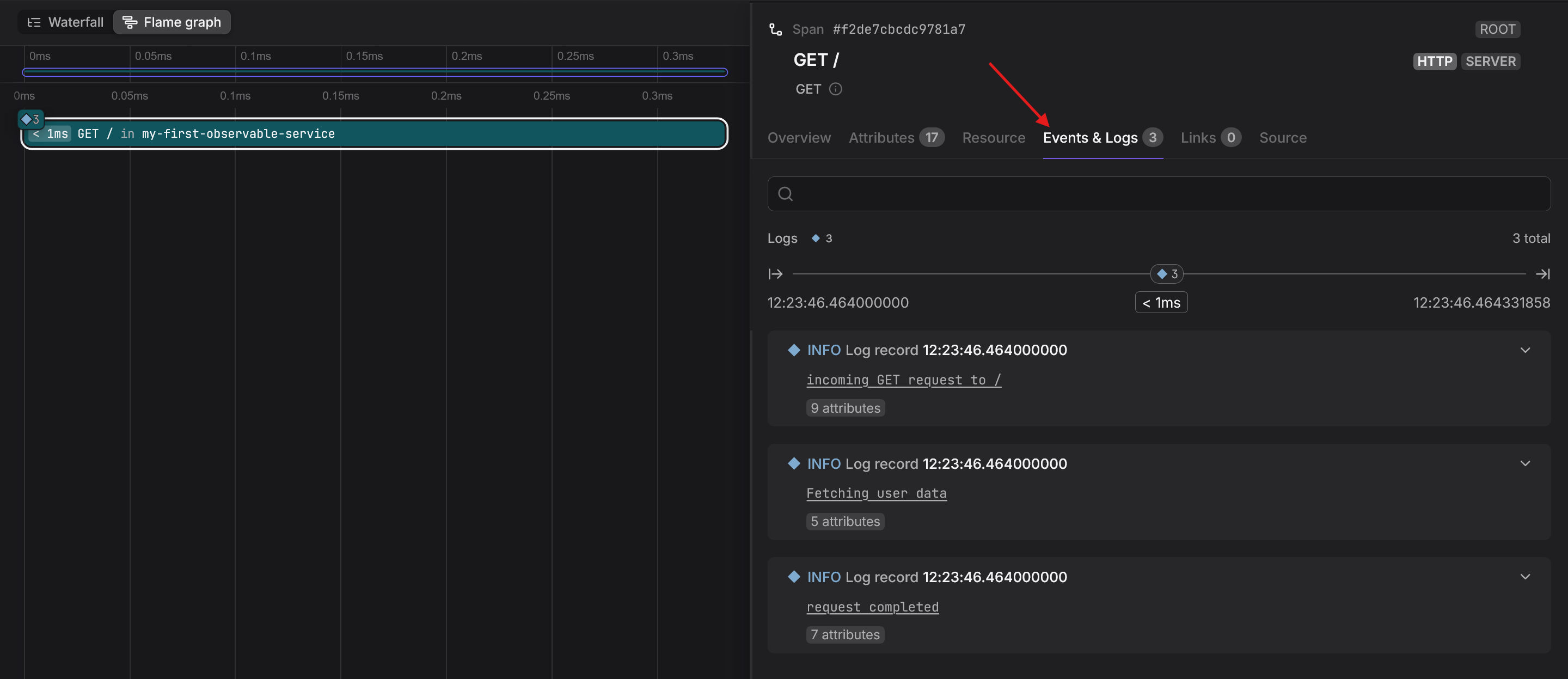 Trace view in Dash0 showing associated logs